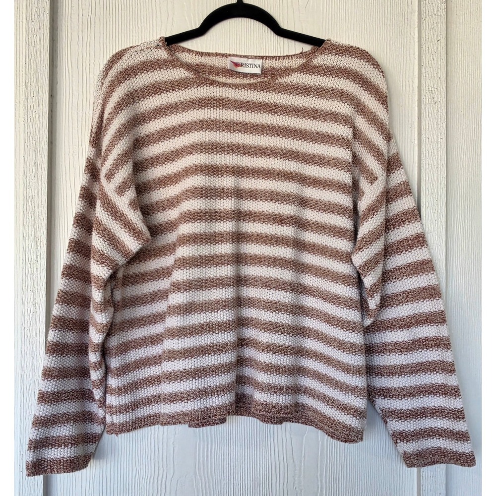Striped Cotton Knit Lagenlook Sweater Sz L Cottagecore Boho Hippie Granola Fall